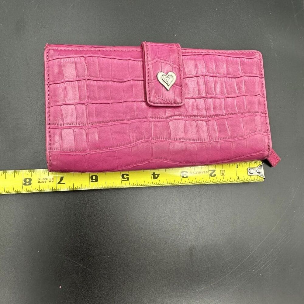 Brighton Pink Croc Embossed Leather Checkbook Wallet Silver Heart Snap Bifold